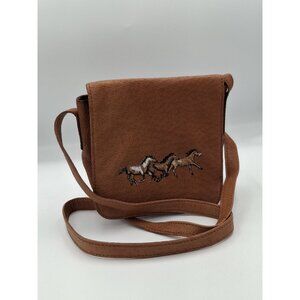 Brown Faux Leather Crossbody Bag With Embroidered Running Horses Design
